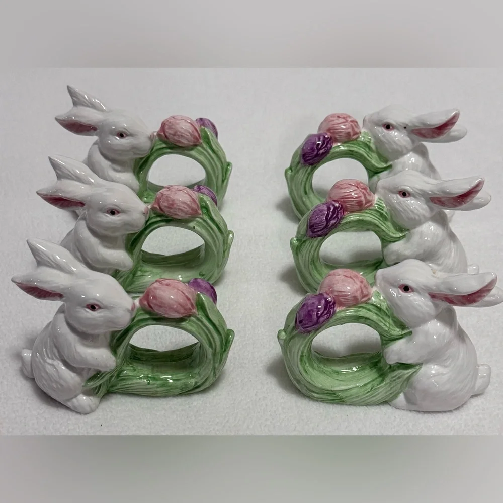 White Ceramic Bunny Napkin Rings with Pastel Tulip Wreath - Set of 6